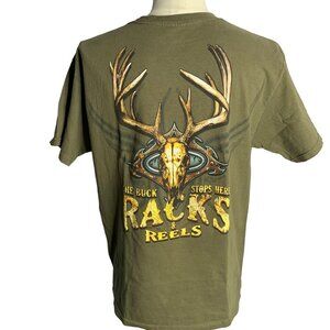 Racks Reels Crewneck Short Sleeve T Shirt L Green Double Sided Graphic Hunting